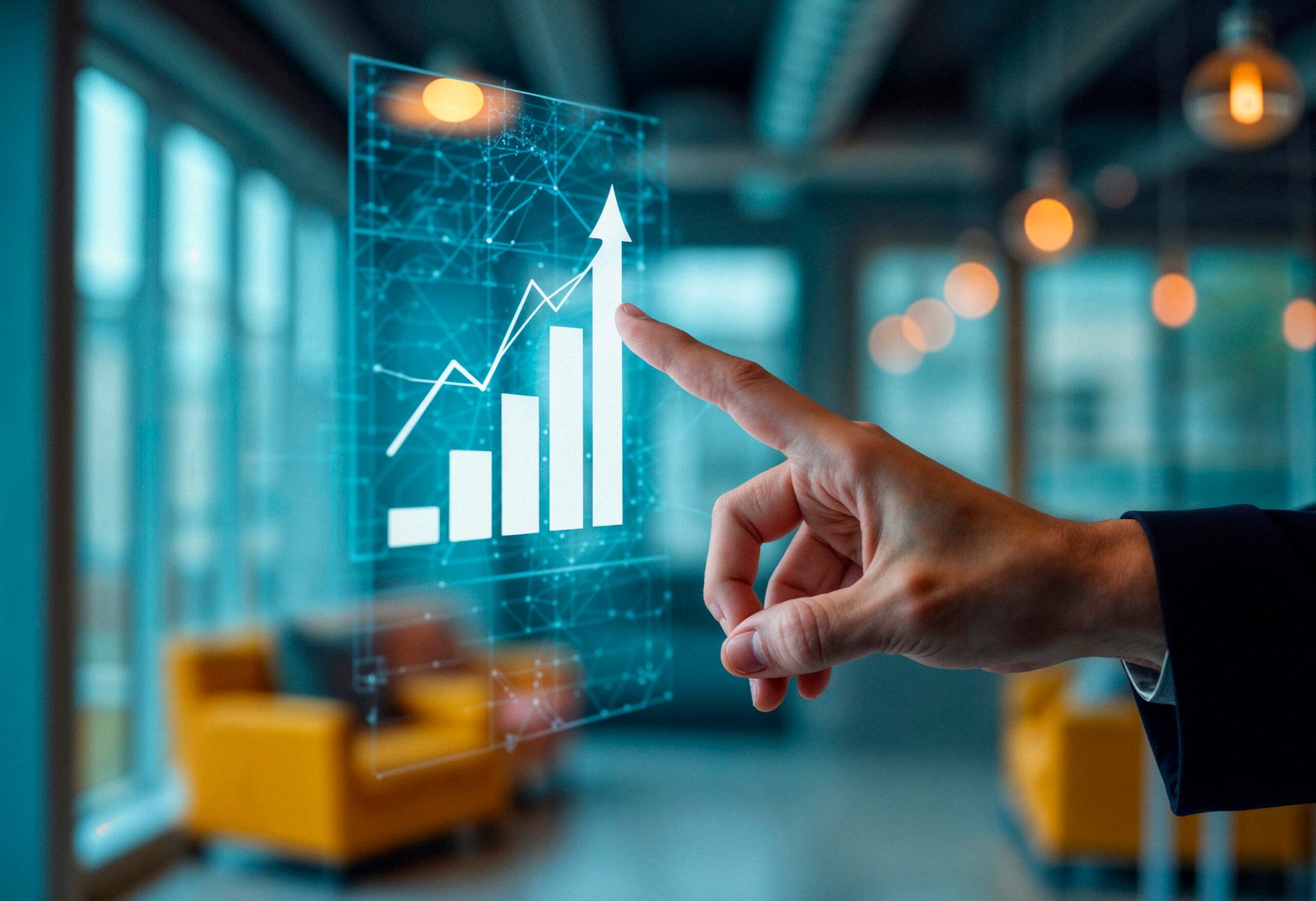 A hand pointing at a screen showing rising blocks representing the growth of Chaturbate male performers in the weekly report.