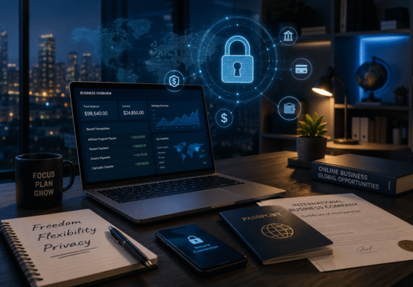 Modern home office representing privacy, secure payments and international online affiliate business.
