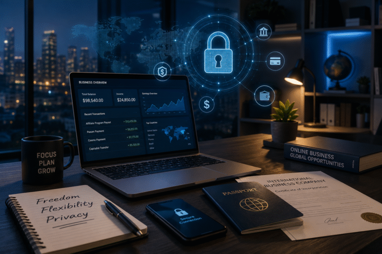 Modern home office representing privacy, secure payments and international online affiliate business.