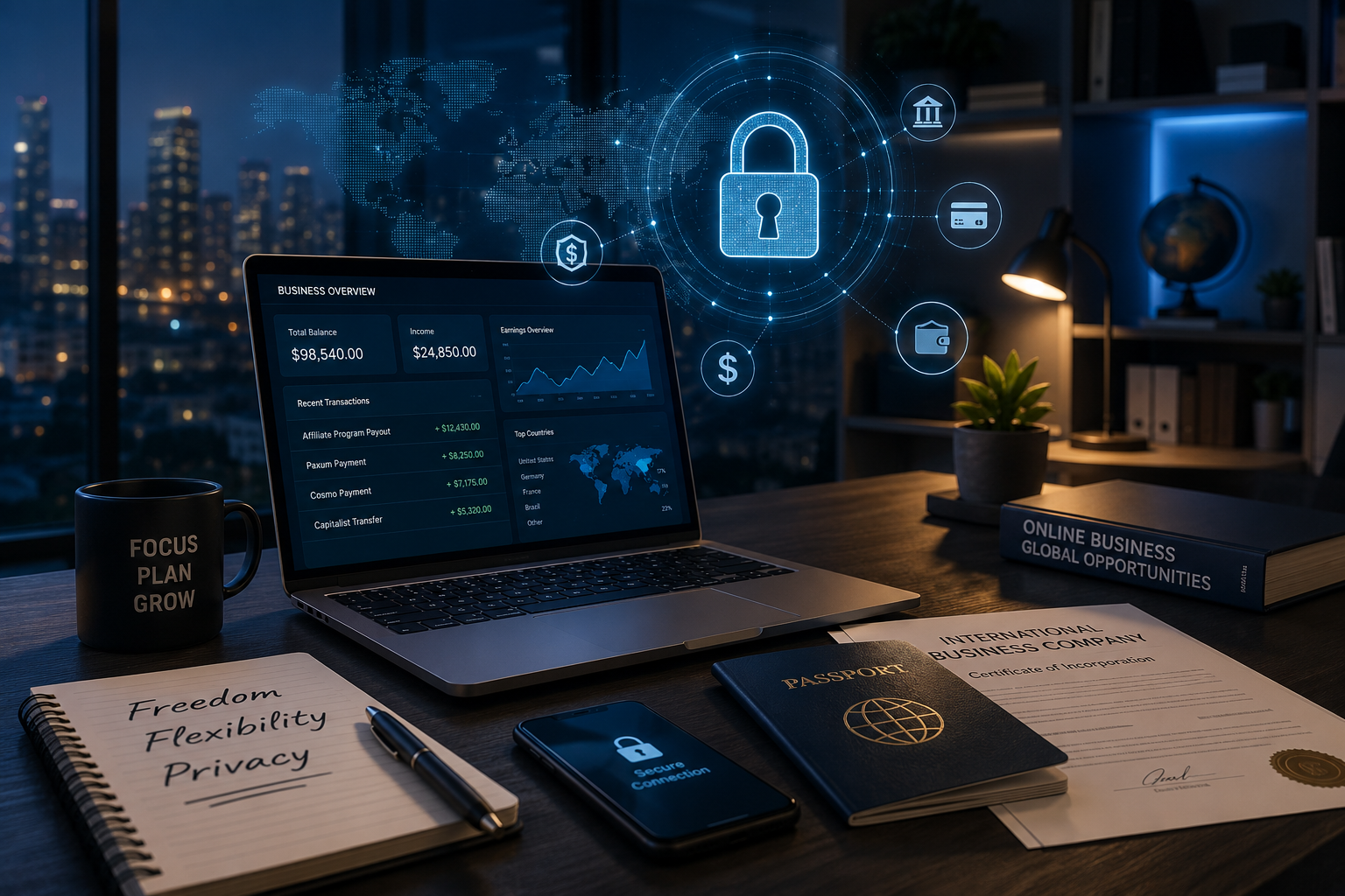 Modern home office representing privacy, secure payments and international online affiliate business.