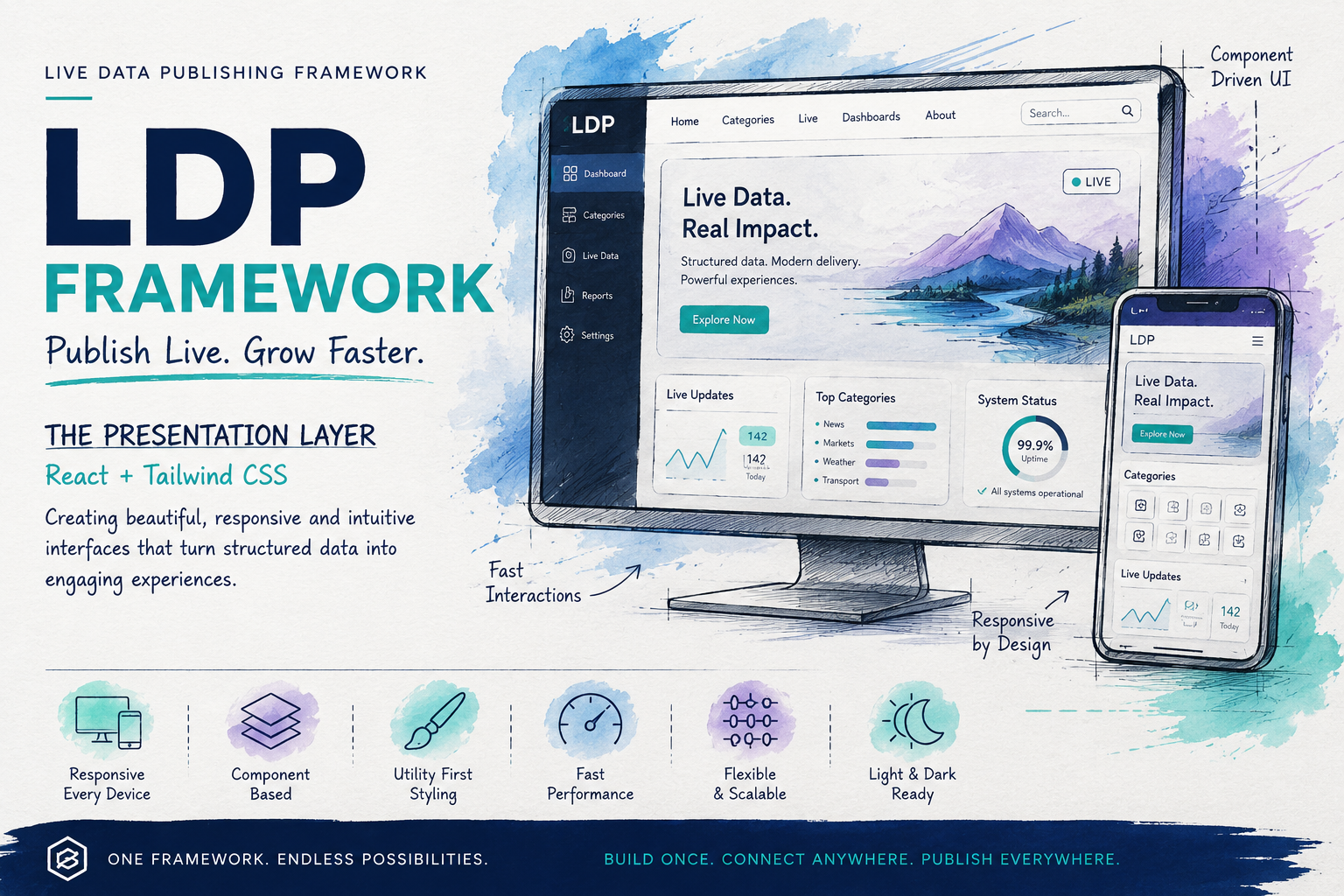 Concept illustration of the Presentation Layer within the Live Data Publishing Framework using React and Tailwind CSS to create responsive user interfaces.