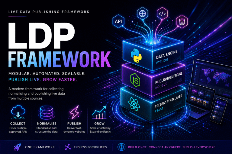 Diagram illustrating the Data Engine, Publishing Engine and Presentation Layer of the Live Data Publishing Framework (LDP Framework).