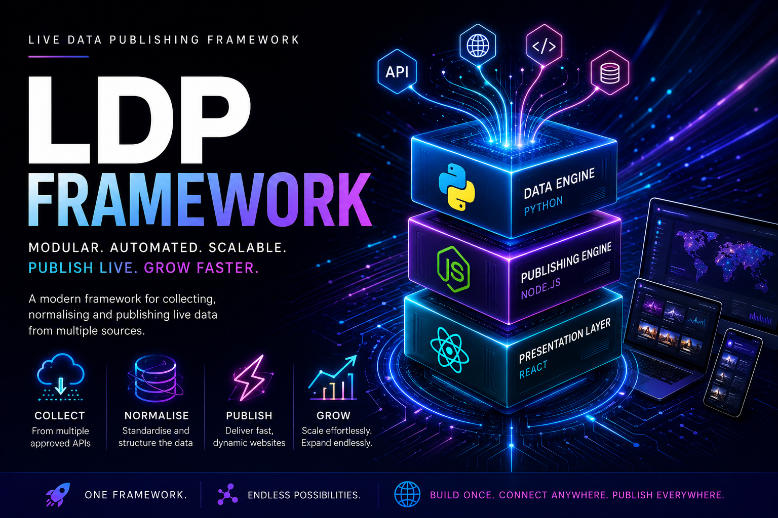 Diagram illustrating the Data Engine, Publishing Engine and Presentation Layer of the Live Data Publishing Framework (LDP Framework).