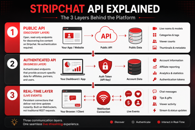 Infographic explaining the Stripchat API architecture, including the Public API, Authenticated API, and Real-Time WebSocket layer.