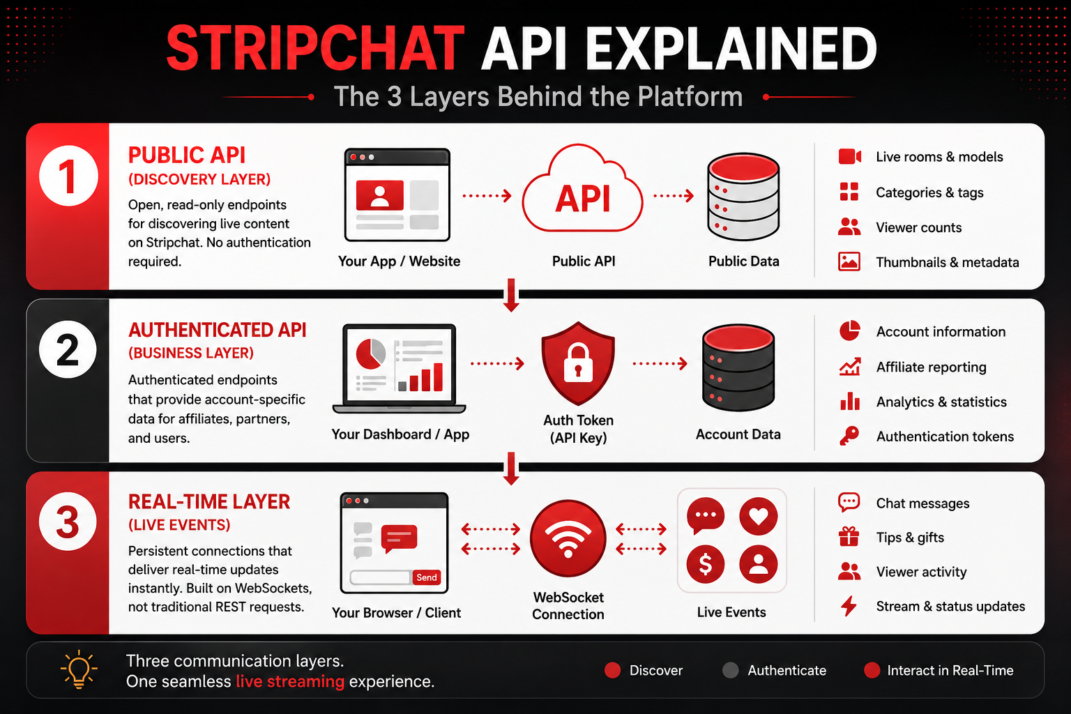 Infographic explaining the Stripchat API architecture, including the Public API, Authenticated API, and Real-Time WebSocket layer.
